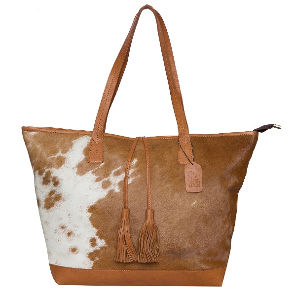 Cusco- Tan and White Cowhide Bag with Tooling and Fringes - Cowhide Bags  Australia
